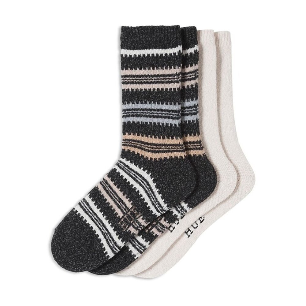 18$ HUE 2 Pack Striped Rib Trim Cuffs Boot Socks Women's Size One Black Beige